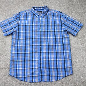 Marmot Shirt Mens XL Blue Plaid Polynosic Rayon/Polyester Short Sleeve Button Up